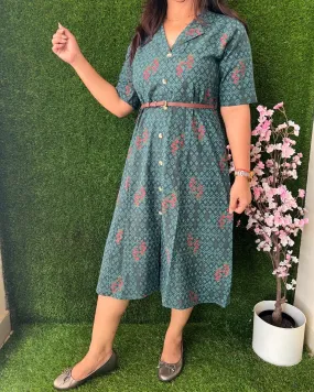 Amara cotton Short Dress with Belt Green