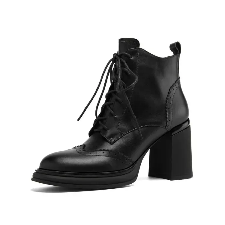binfenxie NEW Spring Shoes Women Round Toe Chunky Heel Boots Split Leather Shoes for Women High Heel Platform Boots Elegant Ladies Shoes