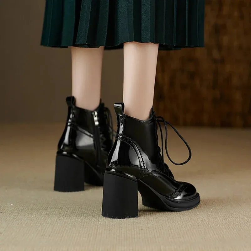 binfenxie NEW Spring Shoes Women Round Toe Chunky Heel Boots Split Leather Shoes for Women High Heel Platform Boots Elegant Ladies Shoes