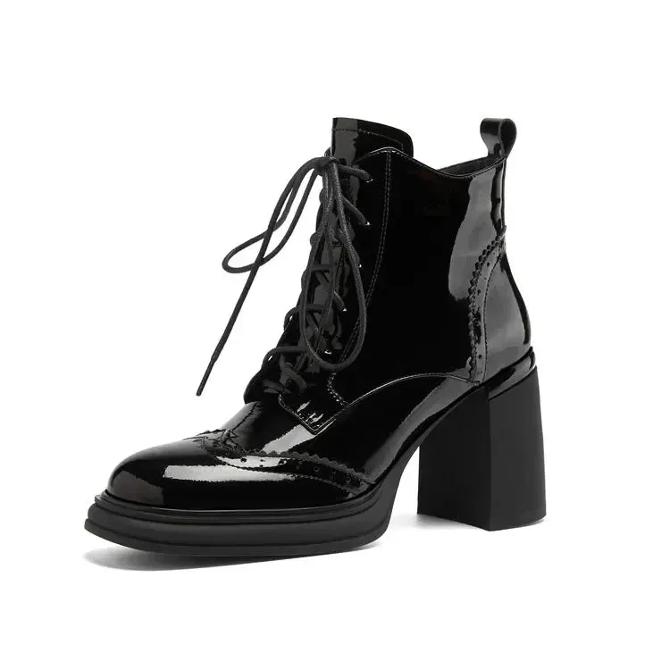 binfenxie NEW Spring Shoes Women Round Toe Chunky Heel Boots Split Leather Shoes for Women High Heel Platform Boots Elegant Ladies Shoes