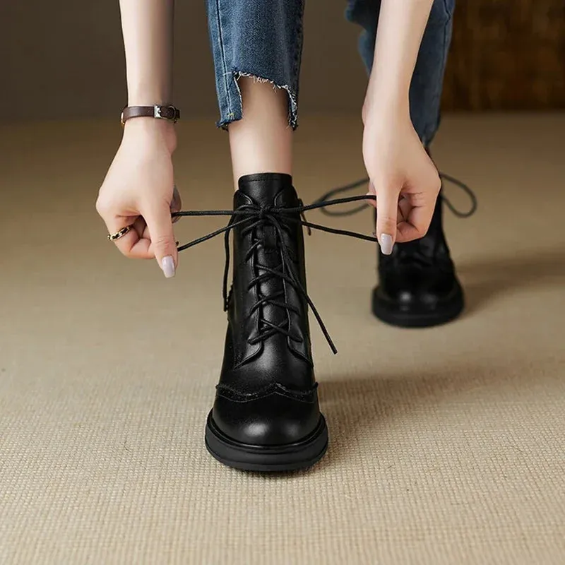 binfenxie NEW Spring Shoes Women Round Toe Chunky Heel Boots Split Leather Shoes for Women High Heel Platform Boots Elegant Ladies Shoes