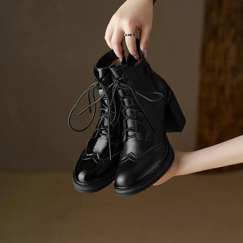 binfenxie NEW Spring Shoes Women Round Toe Chunky Heel Boots Split Leather Shoes for Women High Heel Platform Boots Elegant Ladies Shoes