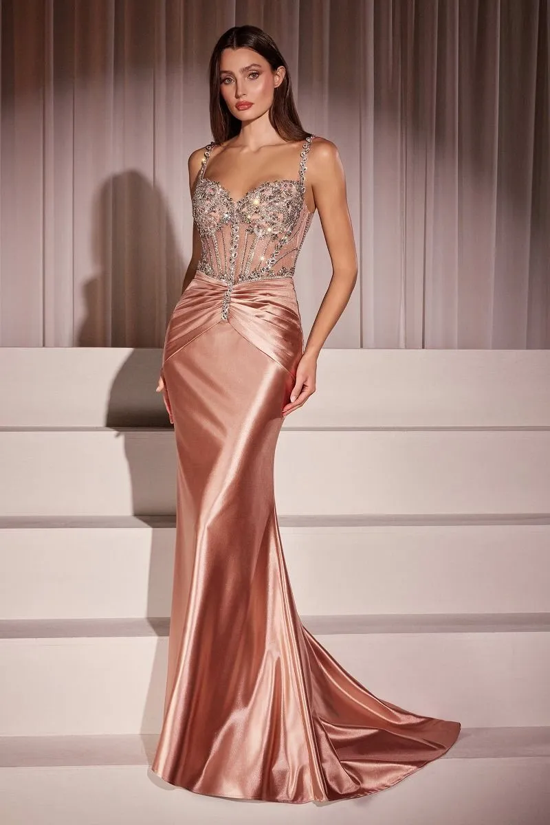 CRYSTAL EMBELLISHED FITTED SATIN DRESS
