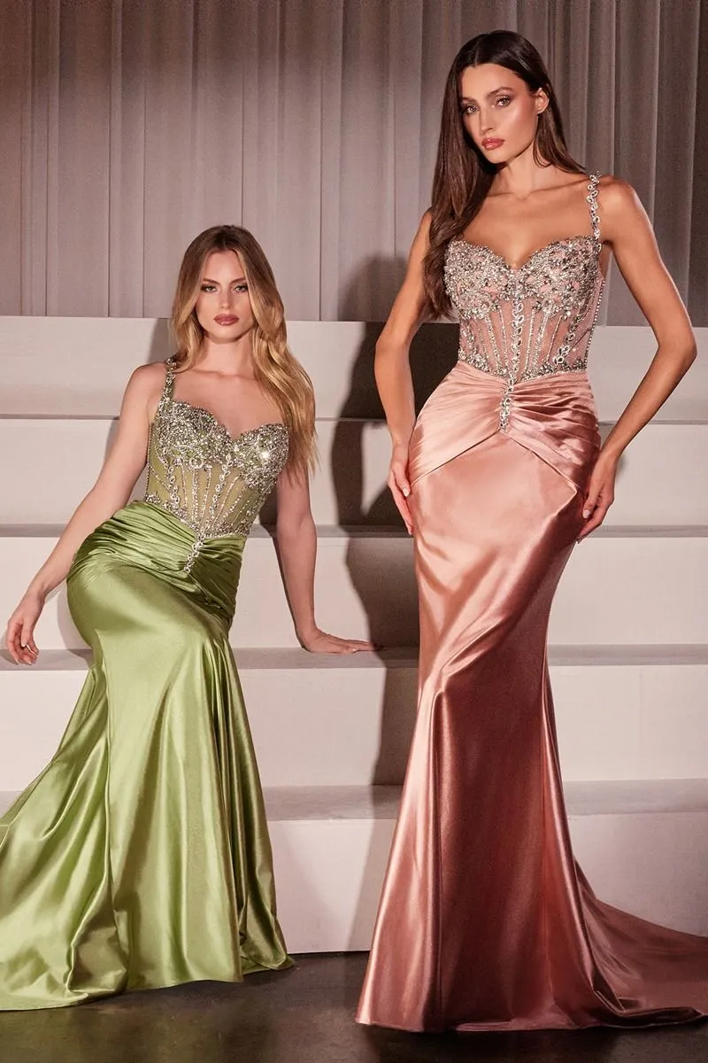 CRYSTAL EMBELLISHED FITTED SATIN DRESS