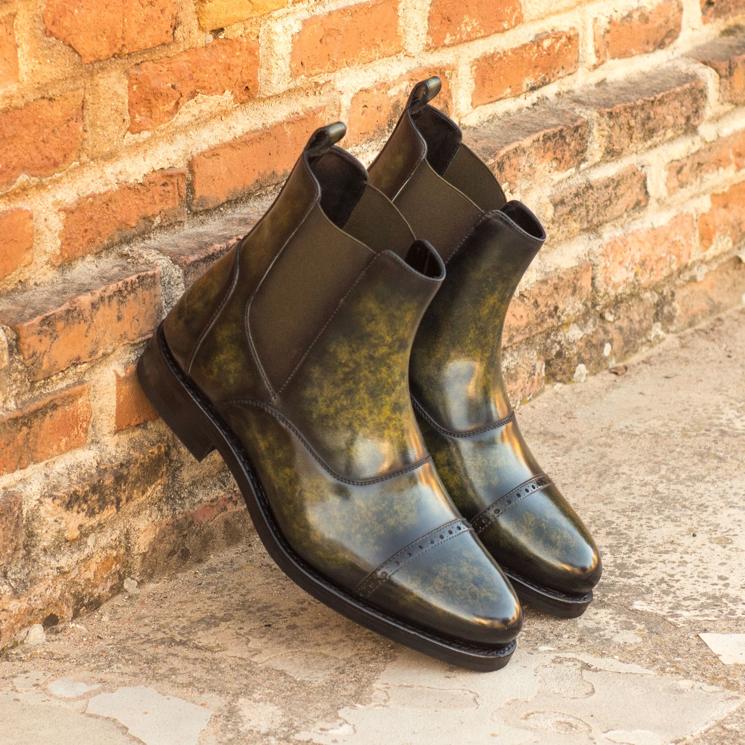DapperFam Vesuvio in Khaki Men's Hand-Painted Patina Chelsea Multi Boot