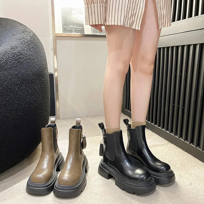 Fashionable Pu Platform Modern Round Toe Stretch Ankle Boot