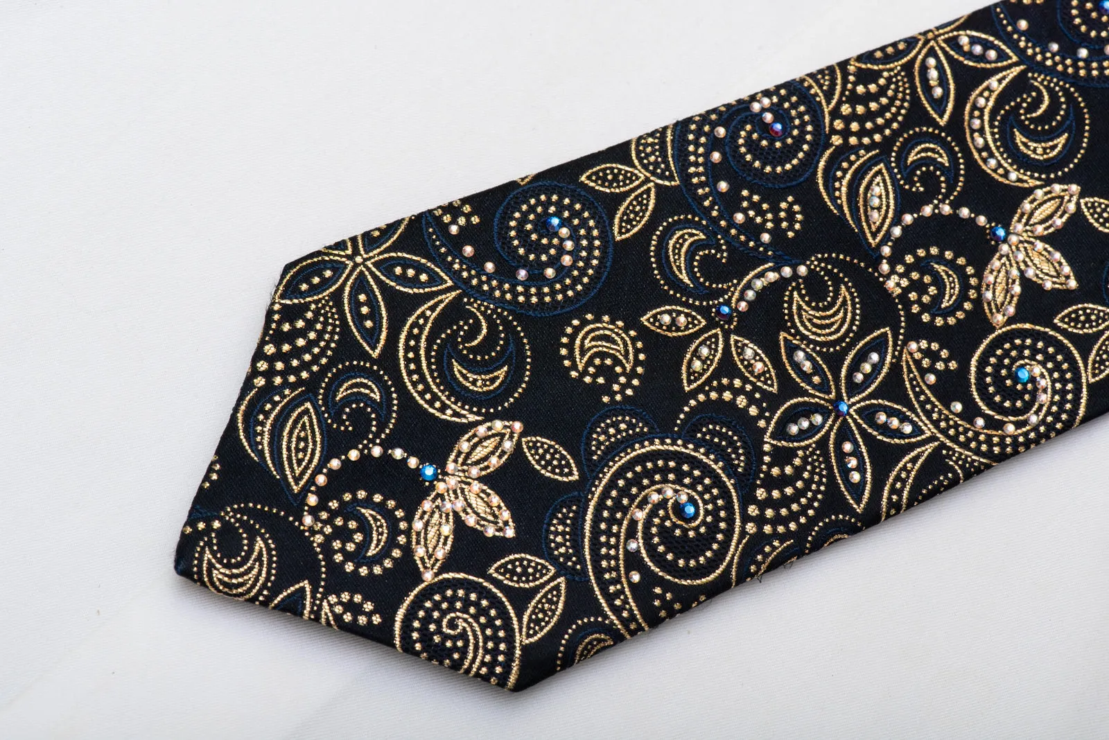 Gold Floral On Black Rhinestone Silk Necktie