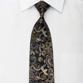 Gold Floral On Black Rhinestone Silk Necktie