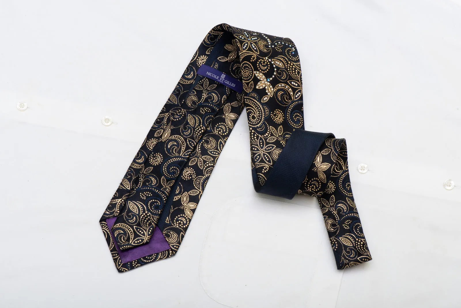 Gold Floral On Black Rhinestone Silk Necktie