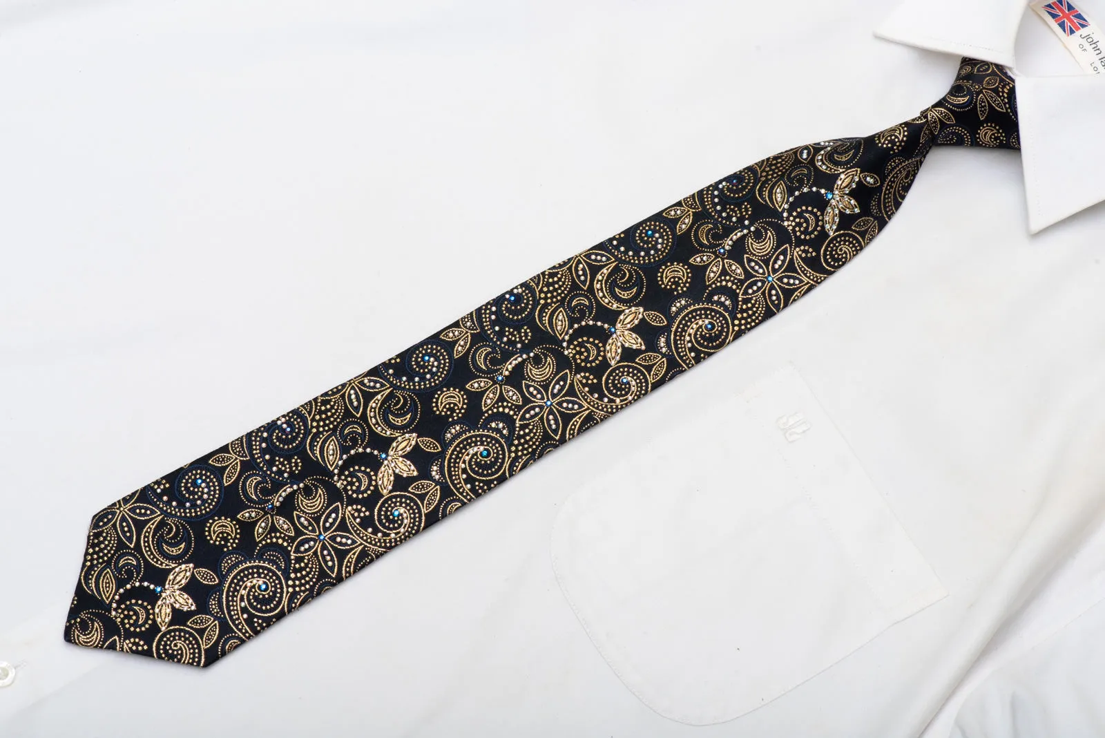 Gold Floral On Black Rhinestone Silk Necktie