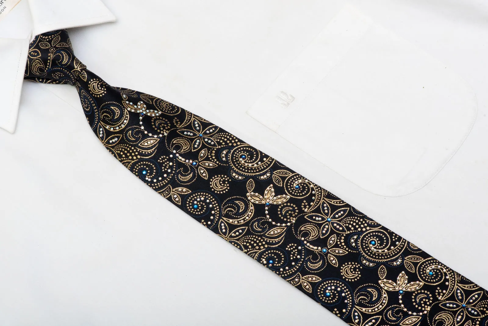 Gold Floral On Black Rhinestone Silk Necktie