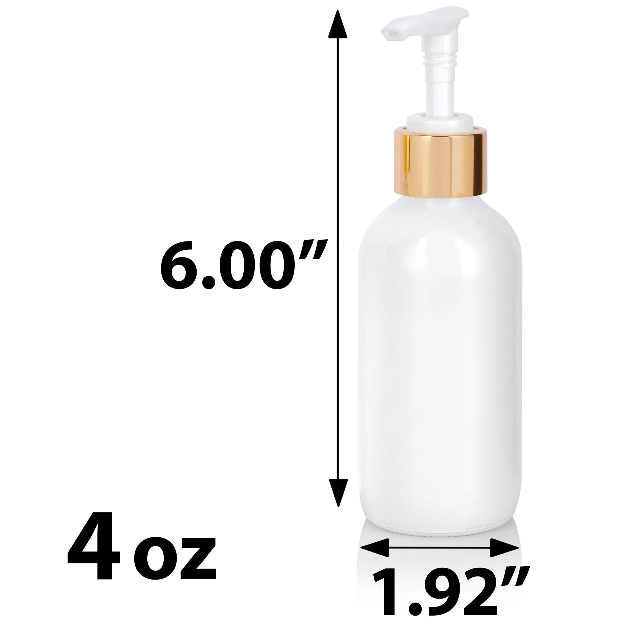 High Shine Gloss White Glass Boston Round Bottle with Gold Lotion Pump - 4 oz (12 Pack)