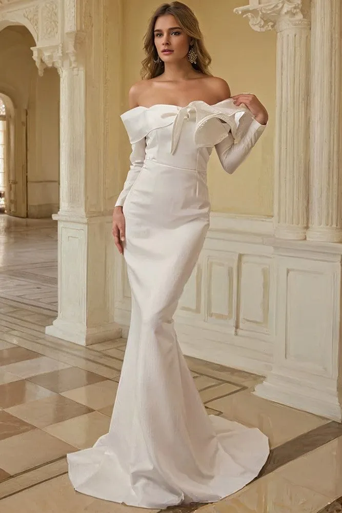 Ivory Satin Trumpet Long Prom Dress with Detachable Sleeves