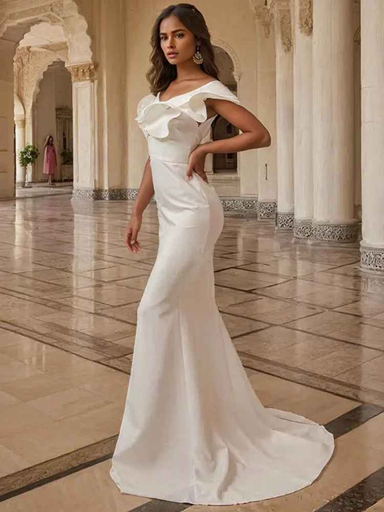 Ivory Satin Trumpet Long Prom Dress with Detachable Sleeves