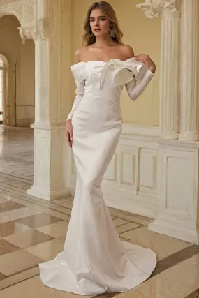 Ivory Satin Trumpet Long Prom Dress with Detachable Sleeves