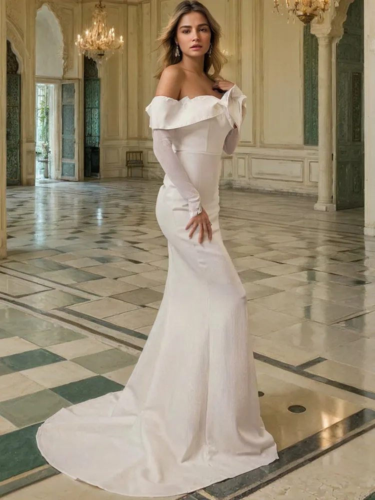 Ivory Satin Trumpet Long Prom Dress with Detachable Sleeves