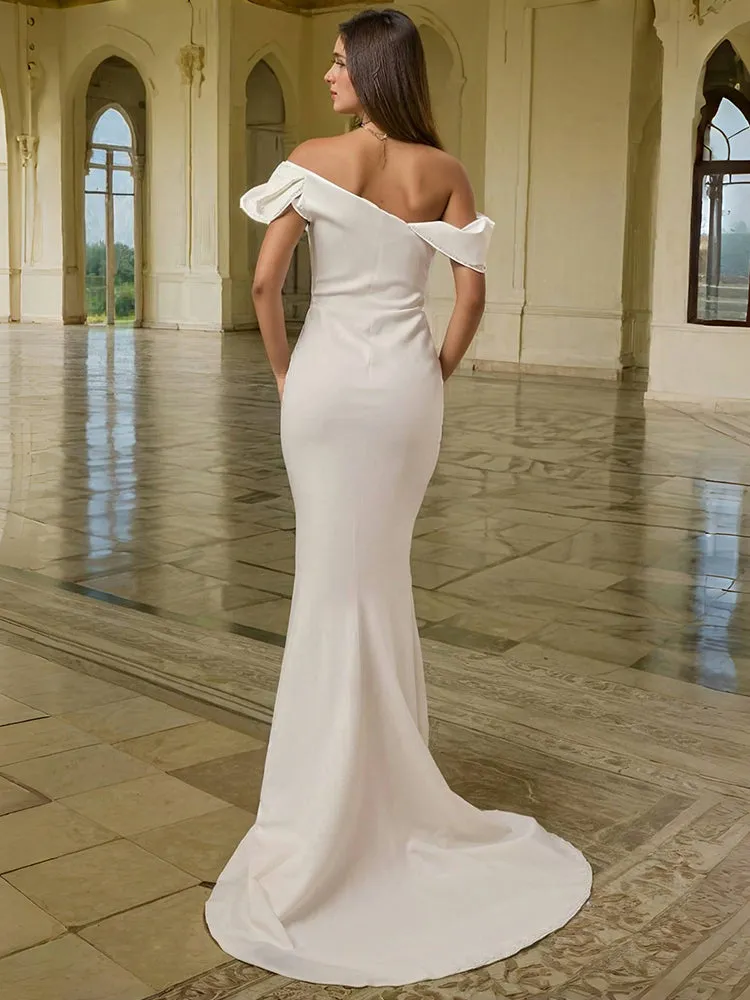 Ivory Satin Trumpet Long Prom Dress with Detachable Sleeves