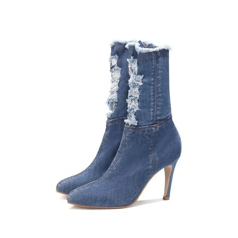Merendy Canyon pointed Stilettos Western Denim blue ankle boots