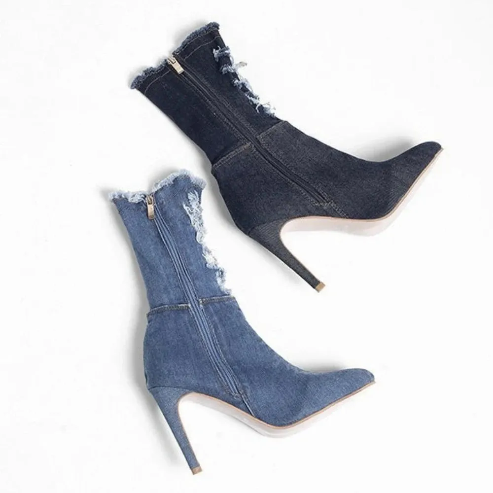 Merendy Canyon pointed Stilettos Western Denim blue ankle boots