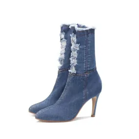 Merendy Canyon pointed Stilettos Western Denim blue ankle boots