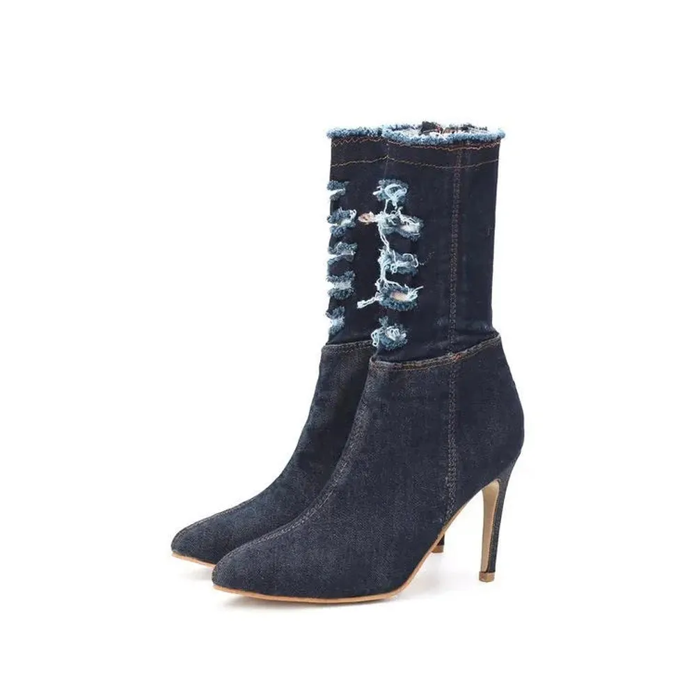 Merendy Canyon pointed Stilettos Western Denim blue ankle boots