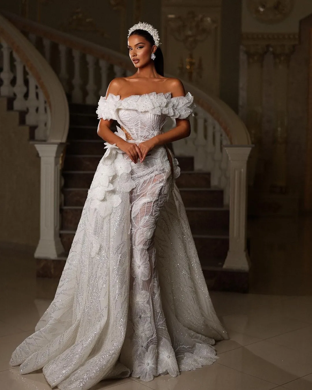 Off Shoulder 3D Floral Details Bridal Dress with Detachable Train