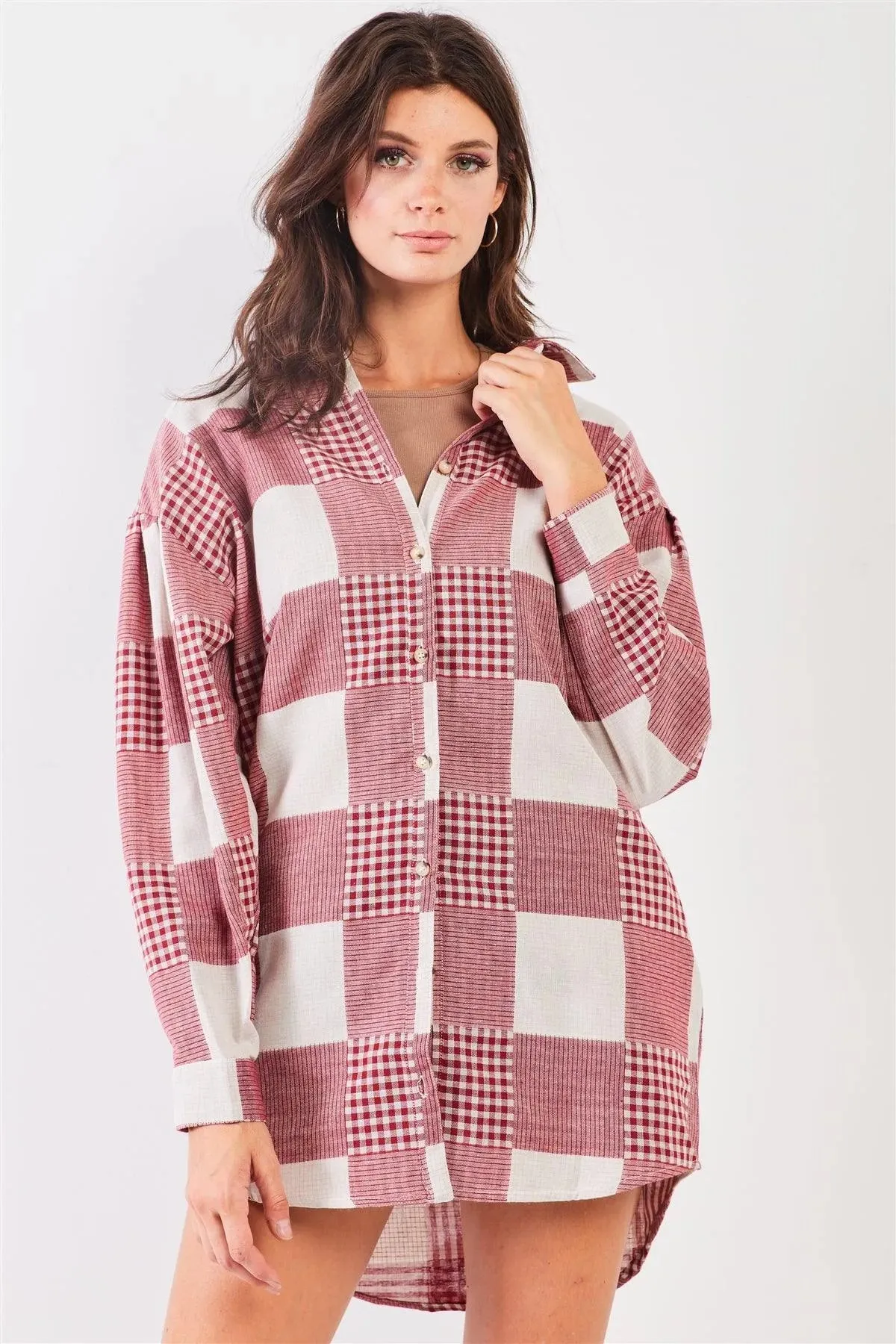 Red & Natural 90s Multi Plaid Oversized Button Down Mini Shirt Dress /3-1-1