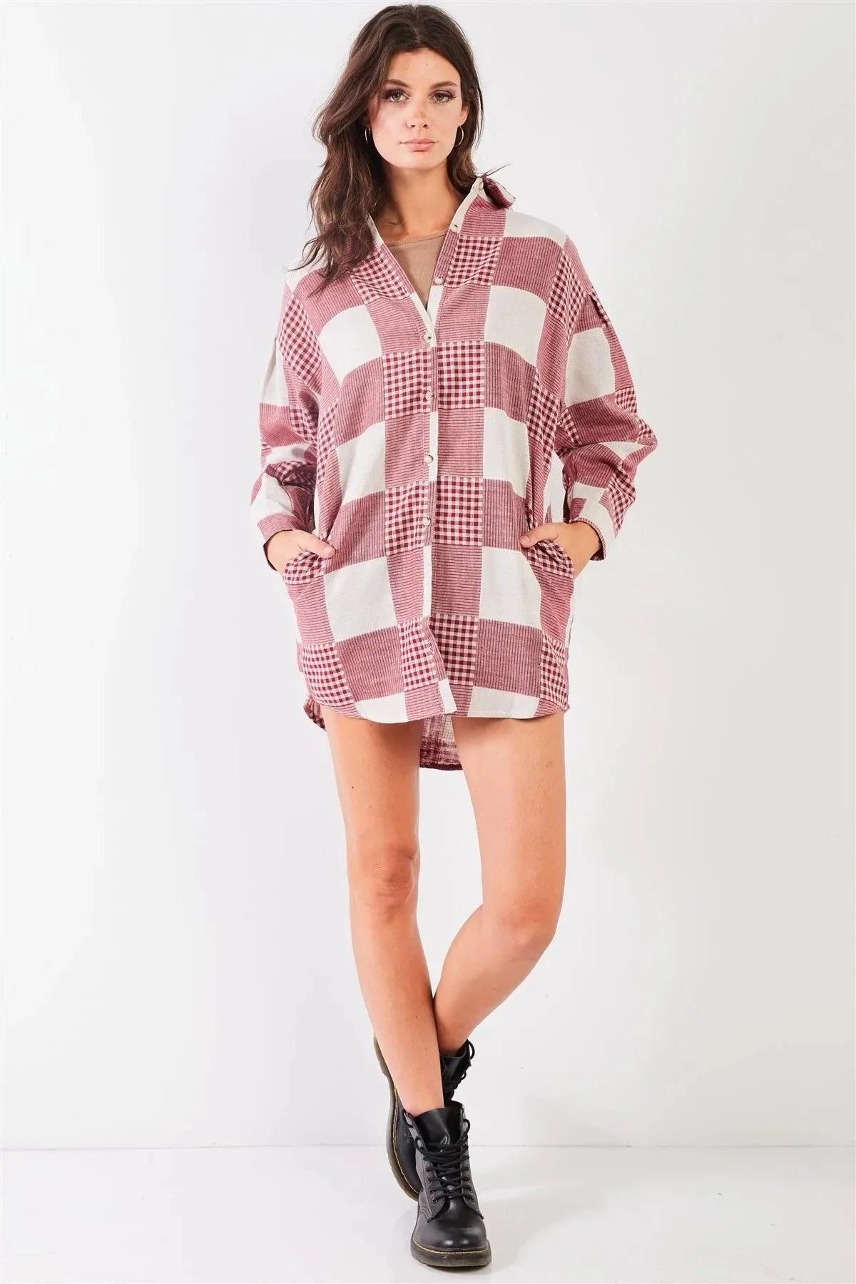 Red & Natural 90s Multi Plaid Oversized Button Down Mini Shirt Dress /3-1-1