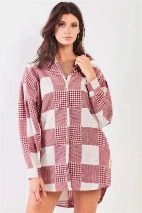 Red & Natural 90s Multi Plaid Oversized Button Down Mini Shirt Dress /3-1-1