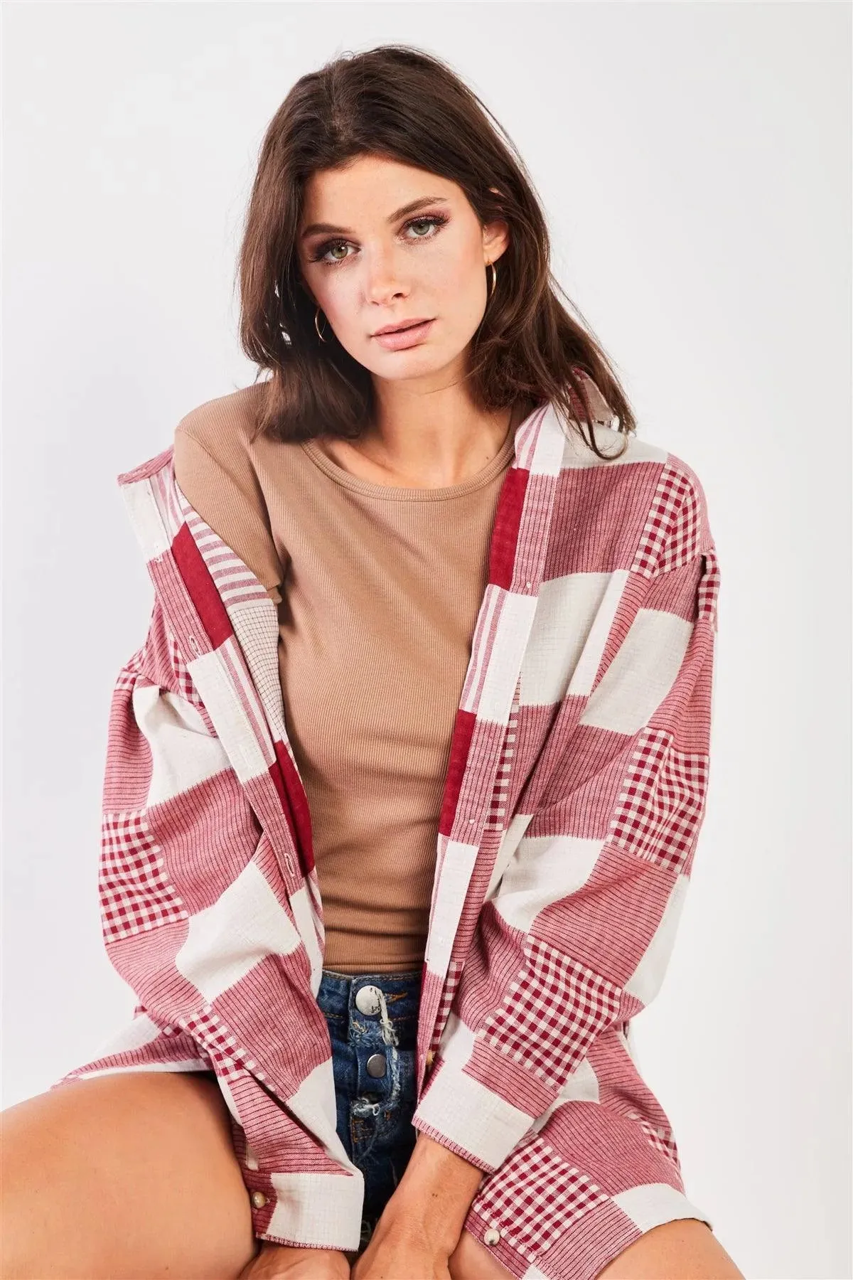 Red & Natural 90s Multi Plaid Oversized Button Down Mini Shirt Dress /3-1-1