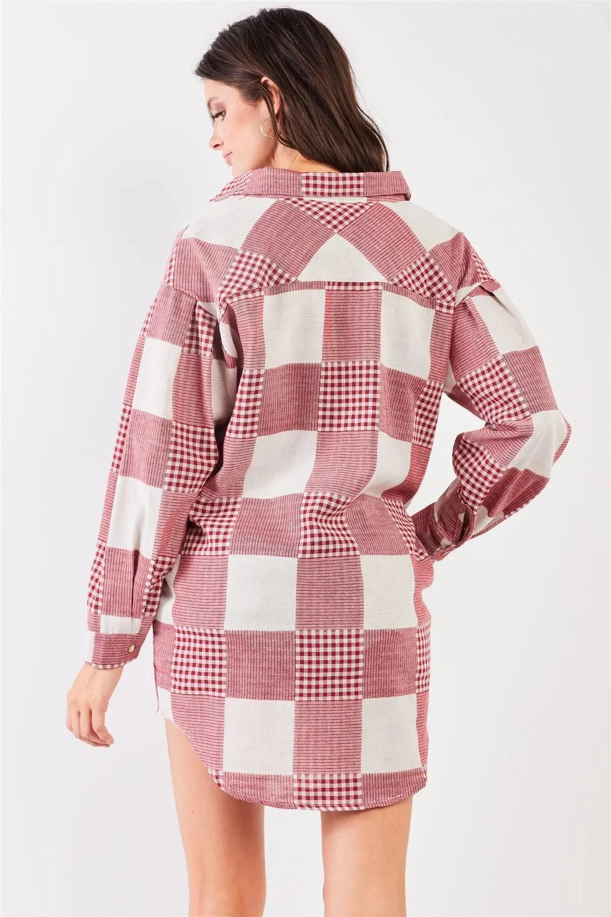 Red & Natural 90s Multi Plaid Oversized Button Down Mini Shirt Dress /3-1-1