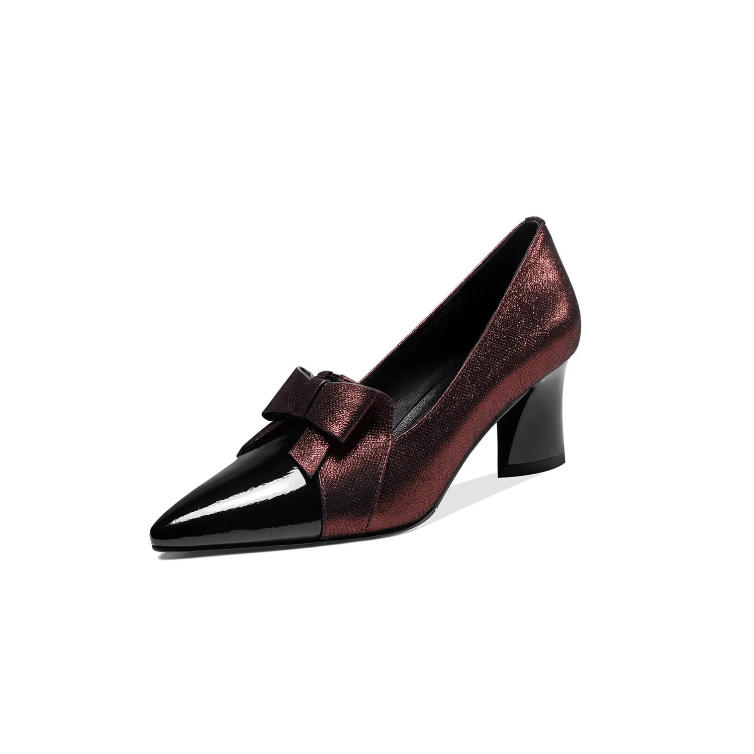 TinaCus Women's Handmade Leather Glossy Pointed Toe Mid Heel Slip On Loafer Pumps with Cute Bowtie