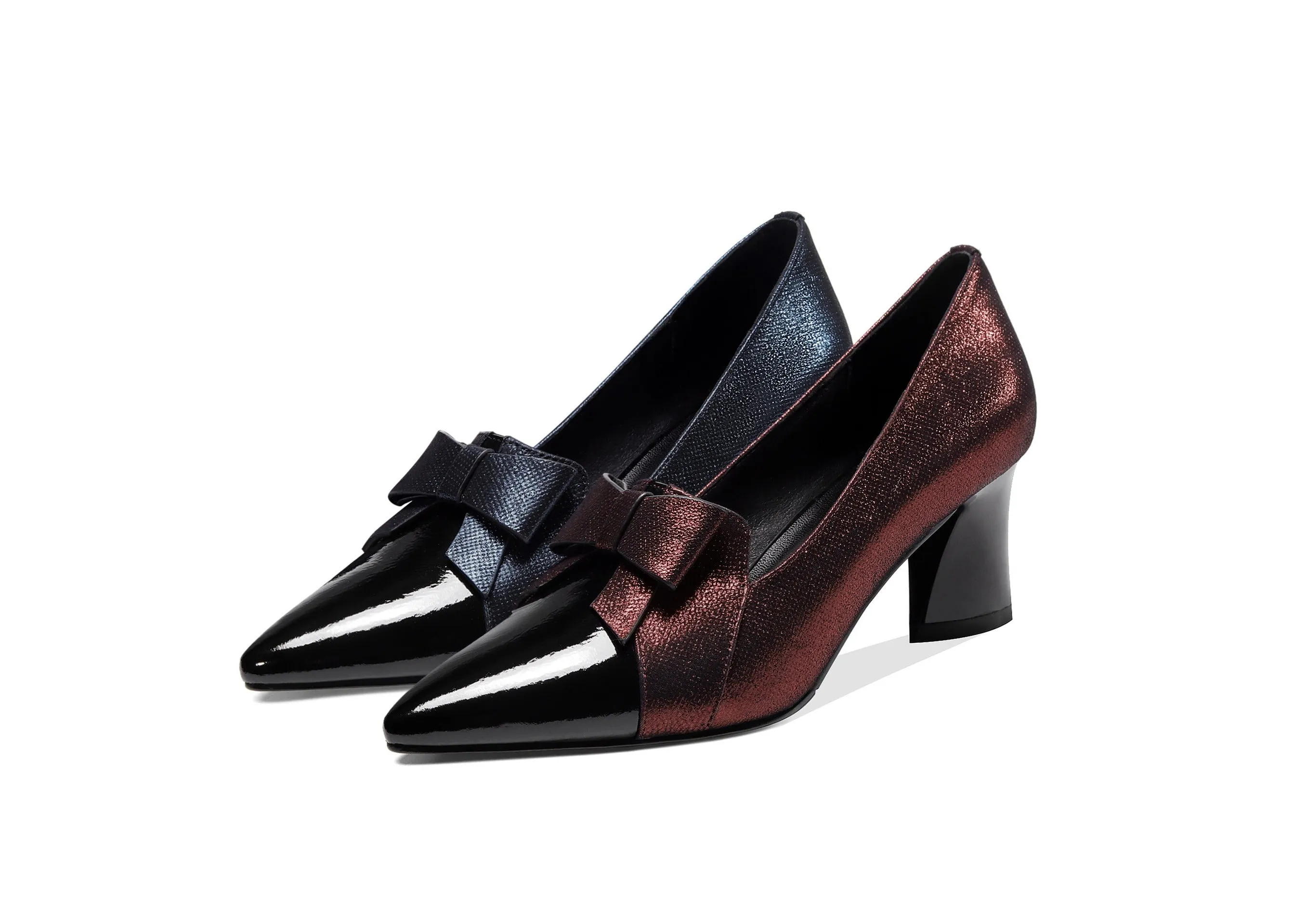 TinaCus Women's Handmade Leather Glossy Pointed Toe Mid Heel Slip On Loafer Pumps with Cute Bowtie