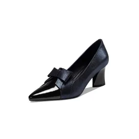 TinaCus Women's Handmade Leather Glossy Pointed Toe Mid Heel Slip On Loafer Pumps with Cute Bowtie