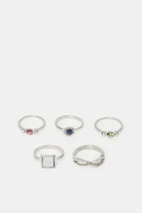 Women Silver Embellished Ring Set (5 Piece)